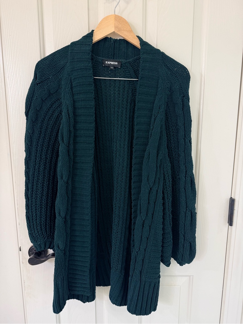 Express Cable Knit Open Front Cardigan in Deep Teal
